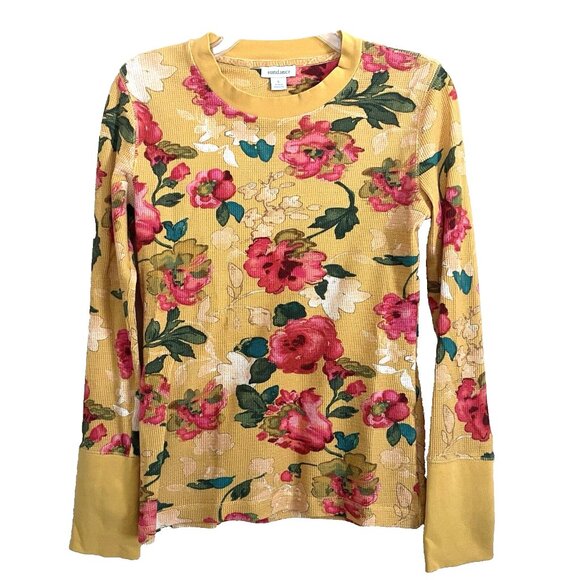 Sundance Floral Melanie Crewneck Top Small Thermal Waffle Knit Velvet Trim Cuff - Picture 2 of 10